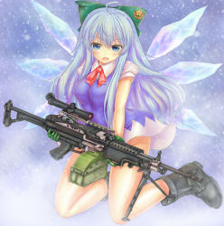 Rule 34 | 1girl, ahoge, alternate hair length, alternate hairstyle, bare legs, bipod, blue eyes, blue hair, blush, boots, bow, breasts, cirno, em s, gloves, green gloves, gun, hair bow, highres, ice, ice wings, light machine gun, looking at viewer, m249, machine gun, matching hair/eyes, open mouth, scope, short sleeves, solo, touhou, weapon, wings