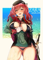 Rule 34 | 1girl, :d, absurdres, asakawa (outeq), azur lane, beret, bikini, bikini under clothes, black bikini, black hat, blush, breasts, cape, character name, cleavage, clothes tug, covered navel, cowboy shot, dress, green hat, hat, highres, holding, holding sword, holding weapon, large breasts, long hair, looking at viewer, lowleg, lowleg bikini, multi-strapped bikini, o-ring, o-ring bikini, o-ring bottom, o-ring top, open mouth, outside border, red cape, red hair, short dress, skindentation, smile, solo, string bikini, swimsuit, sword, taut clothes, taut dress, thighs, twintails, weapon, wet, zara (azur lane), zara (poolside coincidence) (azur lane)