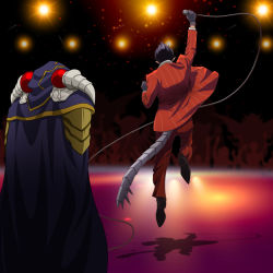 Rule 34 | 2boys, ainz ooal gown, arm up, black footwear, black gloves, black hair, cape, demiurge, gloves, holding, holding microphone, jacket, jumping, k-ta, male focus, microphone, multiple boys, overlord (maruyama), pants, purple cape, red jacket, red pants, stage, striped clothes, striped jacket, tail, vertical-striped clothes, vertical-striped jacket