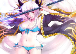 Rule 34 | &gt;:d, 1girl, :d, bikini, blue bikini, blush, breasts, cleavage, cowboy shot, dragon horns, fate/grand order, fate (series), frilled bikini, frills, groin, hair ribbon, holding, holding staff, horns, kiyohime (fate), kiyohime (fate/grand order), kiyohime (swimsuit lancer) (fate), kiyohime (swimsuit lancer) (third ascension) (fate), large breasts, long hair, long sleeves, looking at viewer, navel, open clothes, open mouth, ponytail, red eyes, ribbon, silver hair, smile, solo, staff, stomach, swimsuit, tareme, v-shaped eyebrows, very long hair, wide sleeves, yellow ribbon, yude