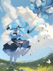 Rule 34 | 1girl, 9chung, absurdres, ankle bow, ankle ribbon, balloon, black bow, black bowtie, black gloves, black skirt, blue eyes, blue flower, blue hair, blue skirt, blue vest, bow, bowtie, bug, butterfly, buttons, closed mouth, cloud, crown, day, falling petals, floating hair, flower, frilled skirt, frills, full body, gloves, grass, hands up, hatsune miku, highres, holding, holding balloon, insect, light smile, long hair, mini crown, outdoors, pantyhose, petals, pocket watch, puffy short sleeves, puffy sleeves, ribbon, shirt, short sleeves, skirt, sky, solo, twintails, vest, vocaloid, watch, white butterfly, white pantyhose, white shirt