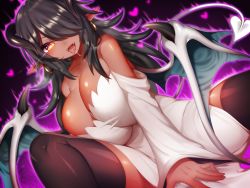 Rule 34 | 1girl, aura, bare shoulders, black hair, black thighhighs, blush, breasts, cleavage, commentary, dark-skinned female, dark skin, demon girl, demon tail, demon wings, dress, dutch angle, earrings, fangs, glowing, glowing eyes, hair over one eye, heart, highres, hoop earrings, horns, huge breasts, jewelry, mofuaki, mole, mole under eye, naughty face, original, pointy ears, saliva, shiny skin, slit pupils, solo, tail, taut clothes, thighhighs, tongue, tongue out, white dress, wings, yellow eyes