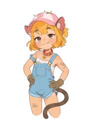 Rule 34 | 1girl, animal ear fluff, animal ears, bell, belt collar, blue overalls, blush, borrowed character, brown eyes, brown gloves, cat ears, cat girl, cat tail, closed mouth, collar, commentary, cropped legs, dirty, english commentary, fang, fang out, flat chest, gloves, hands on own hips, highres, jingle bell, neck bell, opossumachine, orange hair, original, overall shorts, overalls, pink headwear, red collar, simple background, solo, strap slip, tail, tan, tank top, tanline, thick eyebrows, white background, white tank top