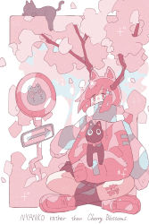 Rule 34 | 1girl, absurdres, black cat, black socks, branch, cat, covered mouth, english text, haru57928031, highres, medium hair, original, pink eyes, pink footwear, pink hair, scarf, shadow, shoes, signature, sitting, sleeves past fingers, sleeves past wrists, socks, solo, striped clothes, striped scarf, tree, very long sleeves, wide shot