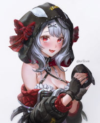 Rule 34 | 1girl, absurdres, artofkuzu, bare shoulders, belt, black belt, black collar, black gloves, black hair, black jacket, blush, bow, breasts, cleavage, collar, commentary, english commentary, eye mask, fang, fingerless gloves, gloves, hair ornament, heart collar, highres, holding, holding mask, hololive, hood, hood up, jacket, large breasts, long sleeves, looking at viewer, mask, unworn mask, medium hair, multicolored hair, nail polish, off shoulder, open mouth, plaid, plaid bow, red bow, red eyes, red nails, sakamata chloe, sakamata chloe (1st costume), shirt, silver hair, simple background, smile, solo, stitches, streaked hair, twitter username, upper body, virtual youtuber, white background, white shirt, x hair ornament