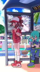 Rule 34 | 2girls, = =, aqua hair, backpack, bag, baseball cap, blue footwear, blue gloves, blue shirt, blue shorts, blue sky, blue thighhighs, boots, breasts, brown hair, bus stop, closed eyes, closed mouth, cloud, cloudy sky, collared shirt, commentary request, crossed arms, day, doomsdaily333, fingerless gloves, gloves, hair between eyes, hair ribbon, hat, highres, looking away, multiple girls, original, outdoors, ponytail, red footwear, red headwear, red ribbon, red shirt, red shorts, ribbon, shirt, shoes, short eyebrows, short shorts, short sleeves, shorts, sitting, sky, sleeveless, sleeveless shirt, small breasts, socks, standing, thick eyebrows, thighhighs, thighhighs under boots, white socks