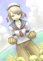 Rule 34 | 1girl, algae, bags under eyes, bird, blue sky, blunt ends, brown gloves, brown pants, chiyo maru, clenched hands, cloud, cloudy sky, collarbone, commentary, day, duck, dutch angle, gloves, half-closed eyes, hat, highres, horizon, looking at viewer, neckerchief, original, pants, parted lips, puffy short sleeves, puffy sleeves, red neckerchief, sailor hat, school uniform, serafuku, shirt, short eyebrows, short hair, short sleeves, signature, sky, solo, teeth, white shirt