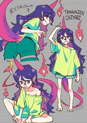 Rule 34 | 1girl, character name, collarbone, fire, green shirt, green shorts, highres, horns, lizard tail, messy hair, multiple views, puffy short sleeves, puffy sleeves, purple hair, red eyes, shikido (khf), shirt, short sleeves, shorts, single horn, tail, tenkajin chiyari, touhou, unfinished dream of all living ghost