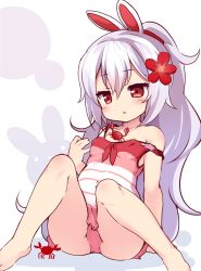 Rule 34 | 1girl, :o, animal, animal ears, azur lane, baku-p, bare arms, bare legs, bare shoulders, barefoot, blush, breasts, casual one-piece swimsuit, covered erect nipples, crab, flower, frilled one-piece swimsuit, frilled swimsuit, frills, hair between eyes, hair down, hair flower, hair ornament, hand up, highres, laffey (azur lane), long hair, one-piece swimsuit, parted lips, rabbit ears, red eyes, red flower, shadow, silver hair, sitting, small breasts, solo, strap slip, striped clothes, striped one-piece swimsuit, swimsuit, very long hair, white background