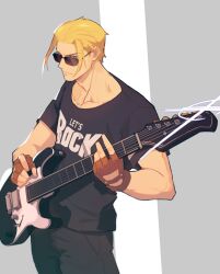 Rule 34 | 1boy, alternate costume, black shirt, blonde hair, blue eyes, brown gloves, clothes writing, commentary request, cowboy shot, electric guitar, fingerless gloves, gloves, grey background, guilty gear, guilty gear strive, guitar, hair between eyes, hannim 7h, highres, holding, holding guitar, holding instrument, instrument, johnny (guilty gear), looking at viewer, looking outside, looking over eyewear, male focus, playing guitar, print shirt, shirt, short hair, short sleeves, smile, sunglasses, t-shirt, two-tone background, white background
