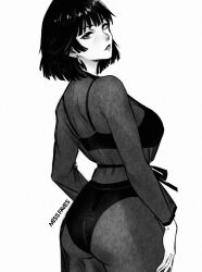 Rule 34 | 1girl, ass, bodysuit, dress, fishnet top, fishnets, fubuki (one-punch man), long sleeves, looking at viewer, miss faves, monochrome, one-punch man, see-through, see-through dress, see-through sleeves, short hair, simple background, solo, white background