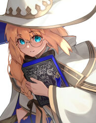 Rule 34 | 1girl, blonde hair, blue eyes, book, bow, bowtie, braid, cloak, dress, fate/grand order, fate (series), genshu doki, glasses, gold trim, hat, highres, long hair, long sleeves, looking at viewer, round eyewear, side ponytail, smile, solo, staff, aesc (fate), white cloak, white dress, white hat, wide sleeves, witch hat