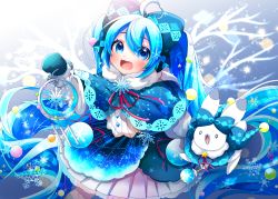 Rule 34 | 1girl, :d, absurdres, ahoge, animal, blue bow, blue capelet, blue eyes, blue hair, blue mittens, blush, bow, capelet, commentary request, fang, fur-trimmed mittens, fur trim, hair bow, hatsune miku, highres, holding, huge filesize, kneehighs, long hair, long sleeves, looking at viewer, mittens, open mouth, pleated skirt, rabbit, rabbit yukine, red ribbon, ribbon, shirayuki towa, shirt, skirt, smile, snowflakes, socks, star (symbol), striped clothes, striped shirt, striped socks, twintails, vertical-striped clothes, vertical-striped shirt, vertical-striped socks, very long hair, vocaloid, white shirt, white skirt, white socks, yuki miku, yuki miku (2021) (candidate no.3)