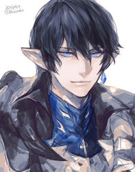 Rule 34 | 1boy, artist name, aymeric de borel, black hair, blue eyes, commentary request, dated, earrings, elezen, elf, final fantasy, final fantasy xiv, hair between eyes, jewelry, looking at viewer, male focus, pointy ears, portrait, short hair, signature, simple background, single earring, solo, uroko (mnr), white background