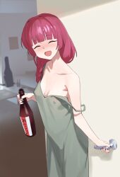 Rule 34 | 1girl, absurdres, bare arms, black nails, blush, bocchi the rock!, bottle, braid, breasts, closed eyes, covered erect nipples, dress, drunk, green dress, hair over shoulder, highres, hiroi kikuri, holding, holding bottle, indoors, low-braided long hair, low-tied long hair, open mouth, red hair, sharp teeth, single braid, siu hing5262, small breasts, smile, solo, spaghetti strap, strap slip, teeth
