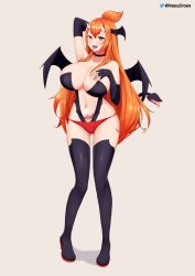 Rule 34 | 1girl, arm up, black footwear, black gloves, blush, boots, breasts, cleavage, collarbone, commission, demon girl, demon horns, demon tail, demon wings, elbow gloves, fingerless gloves, full body, gloves, highres, horns, large breasts, long hair, looking at viewer, nessu (nnn07897), open mouth, orange eyes, orange hair, original, revealing clothes, smile, solo, demon girl, tail, thigh boots, thighhighs, tongue, tongue out, very long hair, wings