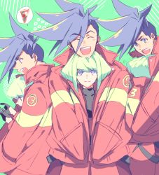 Rule 34 | 2boys, apri bot, blue eyes, blue hair, cellphone, chin rest, closed eyes, coat, firefighter, galo thymos, gloves, green background, green hair, head on head, head rest, height difference, holding, holding phone, hug, jacket, lio fotia, looking at phone, looking at viewer, male focus, mohawk, multiple boys, multiple views, open mouth, phone, promare, purple eyes, shared clothes, short hair, smartphone, smile, speech bubble, standing, tareme, teeth, upper teeth only, yaoi