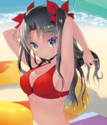 Rule 34 | 1girl, 5jack, adjusting hair, armpits, arms up, bad id, bad pixiv id, beach, bikini, black hair, blue eyes, blush, breasts, cleavage, closed mouth, day, expressionless, fate/stay night, fate (series), hair ribbon, innertube, long hair, looking at viewer, medium breasts, outdoors, parted bangs, parted lips, pink pupils, red bikini, red ribbon, ribbon, solo, swim ring, swimsuit, tohsaka rin, tsurime, twintails, upper body, wavy hair