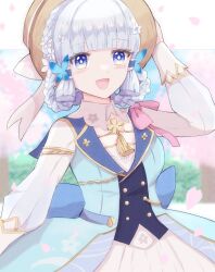 Rule 34 | 1girl, ayaka (genshin impact), blue dress, blue hair, blunt bangs, blush, braid, breasts, brown hat, butterfly hair ornament, collar, commentary request, dress, falling petals, flower, genshin impact, hair flower, hair ornament, hat, hat ribbon, high collar, highres, kamisato ayaka, kamisato ayaka (springbloom missive), kuepi, light blue hair, long sleeves, looking at viewer, medium breasts, mole, mole under eye, open mouth, petals, ribbon, smile, solo, upper body, white collar, white flower, white ribbon