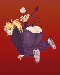 Rule 34 | 1girl, ass, bad id, bad pixiv id, blonde hair, colored skin, dorohedoro, dumpling, food, full body, holding, holding plate, horns, ikuchan kaoru, jiaozi, kneeling, long hair, looking at viewer, multicolored skin, nikaidou (dorohedoro), panties, pants, plate, ponytail, red background, red eyes, shoes, simple background, solo, tail, torn clothes, torn pants, underwear, white panties