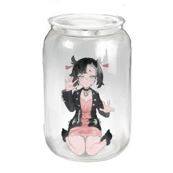 Rule 34 | 1girl, against glass, black choker, black footwear, black jacket, blue eyes, cameltoe, choker, closed mouth, commentary, creatures (company), cumjar (meme), dress, english commentary, game freak, godekasu, hand up, highres, in container, in jar, jacket, jar, looking at viewer, marnie (pokemon), meme, nintendo, open clothes, open jacket, panties, pantyshot, pink dress, pokemon, pokemon swsh, short dress, short hair, simple background, sitting, solo, sweatdrop, underwear, wariza, white background, white panties