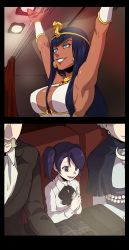 Rule 34 | 1boy, 3girls, alternate hair length, alternate hairstyle, armlet, arms up, bad id, bad twitter id, blue eyes, blue hair, breasts, brown eyes, choker, cleavage, cobra (animal), commentary request, dark-skinned female, dark skin, egyptian, eliza (skullgirls), facial hair, flat chest, formal, ganno, hair over one eye, halterneck, headdress, highres, large breasts, lipstick, makeup, multiple girls, mustache, pantyhose, purple hair, roberto contiello, selene contiello, sideboob, skullgirls, smile, smirk, squigly (skullgirls), stage lights, suit, twintails, aged down