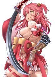 Rule 34 | 1girl, ahoge, ass, bare shoulders, bell, blood, blood on clothes, blood on face, breasts, cherry blossom print, chestnut mouth, dateya torahachi, floral print, green eyes, hair bell, hair ornament, hairclip, highres, hololive, long hair, muscular, muscular female, one side up, open mouth, paw print, paw print pattern, pink hair, sakura miko, sakura miko (1st costume), sekiro: shadows die twice, sideboob, solo, sword, teeth, upper teeth only, virtual youtuber, weapon, white background, wide sleeves