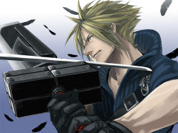 Rule 34 | 00s, 1990s (style), blonde hair, cloud strife, er-mint, feathers, final fantasy, final fantasy vii, final fantasy vii advent children, gloves, huge weapon, male focus, masamune (ff7), retro artstyle, solo, sword, weapon