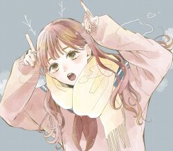 Rule 34 | 1girl, baggy clothes, blue sailor collar, blush, brown eyes, brown hair, brown neckerchief, drawn antlers, eyelashes, fingernails, furusato kou, grey background, hand on own head, hand up, highres, long hair, long sleeves, looking at viewer, nail polish, neckerchief, open mouth, original, red nails, sailor collar, scarf, school uniform, serafuku, sleeves past wrists, solo, steam, teeth, upper body, upper teeth only, yellow eyes, yellow scarf