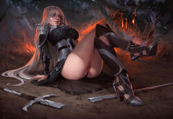 Rule 34 | 1girl, after battle, angelise reiter, armored boots, armored corset, artist request, boots, breasts, broken, broken sword, broken weapon, commentary, corset, crossed legs, english commentary, final fantasy, final fantasy xiv, forehead jewel, forest, full body, garlean, gauntlets, gift art, grey eyes, grey hair, high heel boots, high heels, highres, knee boots, large breasts, lips, long hair, makeup, mascara, nature, nose, on ground, pussy, pussy peek, second-party source, showgirl skirt, single gauntlet, solo, stiletto heels, sword, thighs, very long hair, warrior of light (ff14), weapon, zweihander
