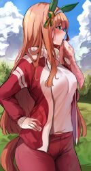 Rule 34 | 1girl, absurdres, alternate breast size, animal ears, blouse, blush, breasts, day, from side, hairband, hand on own hip, highres, horse ears, horse girl, horse tail, jacket, large breasts, long hair, long sleeves, open clothes, open jacket, orange hair, outdoors, pants, profile, red jacket, red pants, red track suit, sak (lemondisk), shirt, silence suzuka (umamusume), solo, tail, track jacket, track pants, track suit, umamusume, white hairband, white shirt
