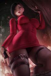 Rule 34 | 1girl, ada wong, black hair, black panties, black pantyhose, breasts, breasts apart, brown eyes, covered navel, curtains, dress, fingerless gloves, from below, gloves, heart o-ring, impossible clothes, impossible dress, large breasts, lips, looking at viewer, olchas, panties, pantyhose, parted bangs, pencil dress, red dress, resident evil, resident evil (movie), ribbed dress, short dress, short hair, skindentation, solo, thigh strap, thighs, tight clothes, tight dress, underwear, upskirt