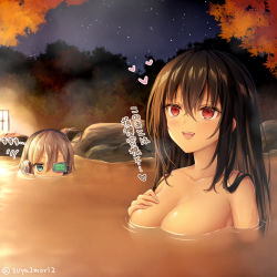 Rule 34 | 2girls, albacore (azur lane), artist request, azur lane, bath, bathing, black hair, blonde hair, blush, breasts, cleavage, collarbone, commentary request, green-tinted eyewear, green eyes, hair between eyes, headphones, large breasts, long hair, looking at another, multiple girls, night, onsen, open mouth, outdoors, partially submerged, rock, scouter, sitting, taihou (azur lane), tinted eyewear, translation request, water, wet