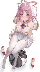 Rule 34 | 1girl, absurdres, alternate breast size, bare shoulders, bow-shaped hair, breasts, closed mouth, forehead jewel, fu xuan (honkai: star rail), hair ornament, hair rings, hair stick, highres, honkai: star rail, honkai (series), hui zhong zhi meng, jewelry, leotard, long hair, looking at viewer, looking up, medium breasts, necklace, pantyhose, parted bangs, pink hair, sitting, solo, strapless, strapless leotard, toes, twintails, very long hair, white leotard, white pantyhose, yellow eyes