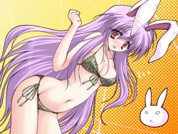 Rule 34 | 1girl, animal ears, bikini, rabbit ears, camouflage, danshaku, female focus, front-tie top, long hair, purple hair, red eyes, reisen udongein inaba, side-tie bikini bottom, solo, swimsuit, touhou, very long hair