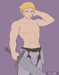 Rule 34 | 1boy, blonde hair, climb (overlord), kalruna, male focus, muscular, muscular male, overlord (maruyama), sword, topless male, weapon