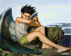 Rule 34 | 1boy, absurdres, angel, angel wings, bare legs, bare shoulders, barefoot, black hair, child, commentary, english commentary, feathered wings, feathers, gon freecss, green shorts, highres, hunter x hunter, iwakki, looking at viewer, male focus, on ground, outdoors, short hair, shorts, sitting, solo, spiked hair, tank top, tears, white tank top, white wings, wings, yellow eyes