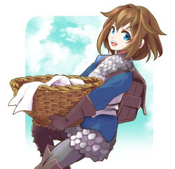 Rule 34 | 1girl, :d, armor, basket, blue hair, blue sky, border, brown bag, brown gloves, brown hair, chloe (unicorn overlord), cloud, commentary request, eyelashes, gloves, highres, holding, holding basket, looking at viewer, medium hair, mizss, open mouth, outside border, scale armor, sky, smile, solo, teeth, unicorn overlord, upper teeth only, white border