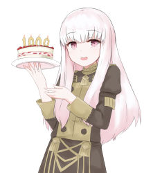 Rule 34 | 1girl, cake, chirun0, fire emblem, fire emblem: three houses, food, highres, holding, long hair, long sleeves, lysithea von ordelia, nintendo, open mouth, pink eyes, plate, simple background, solo, uniform, upper body, white background, white hair