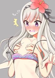 Rule 34 | 1girl, bikini, blush, grabbing another&#039;s breast, breasts, flower, full-face blush, gothic wa mahou otome, grabbing, hair flower, hair ornament, highres, ju (old505), long hair, open mouth, purple eyes, rosalie (gothic wa mahou otome), silver hair, small breasts, swimsuit, upper body, very long hair