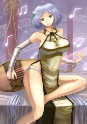 Rule 34 | 1girl, amibazh, beamed quavers, breasts, china dress, chinese clothes, dress, highres, huge breasts, instrument, light purple hair, looking at viewer, lute (instrument), musical note, panties, quaver, short hair, sitting, smile, solo, touhou, tsukumo benben, underwear
