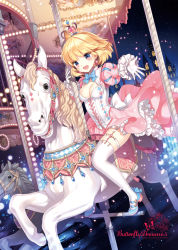 Rule 34 | 1girl, :d, bad id, bad pixiv id, blonde hair, blush, breasts, carousel, cleavage, corset, crown, dress, earrings, english text, garter straps, gloves, jewelry, looking at viewer, mary janes, mini crown, nardack, night, night sky, open mouth, original, outstretched hand, pink eyes, princess, shoes, short hair, sky, smile, solo, star (sky), starry sky, symbol-shaped pupils, thighhighs, tiara, white gloves, white thighhighs