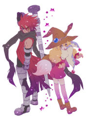 Rule 34 | 1boy, 1girl, ahoge, bad id, bad pixiv id, beryl benito, blonde hair, boots, coat, freckles, frown, full body, gloves, hair ribbon, hat, jewelry, knee boots, long hair, messy hair, paintbrush, pants, pink thighhighs, red eyes, red hair, ribbon, scar, scarf, serious, shoes, simple background, star (symbol), tales of (series), tales of hearts, tetsu hagane, thighhighs, thighhighs under boots, tongue, toufuno, twintails, weapon, white background, witch, witch hat, yellow eyes