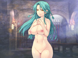 Rule 34 | 1girl, braid, breasts squeezed together, breasts, closed mouth, earrings, green hair, groin, indoors, jewelry, large breasts, legs, long hair, looking at viewer, makeikusa no gofujin wa hisan da yo, navel, nipples, no pussy, nude, original, pointy ears, solo, standing, thighs, twin braids, yellow eyes, yoko juusuke