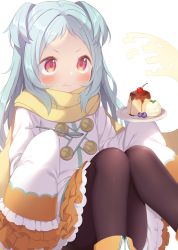 Rule 34 | 1girl, :t, black pantyhose, blue hair, blush, boots, brown scarf, brown skirt, closed mouth, commentary request, eating, food, food on face, forehead, highres, holding, holding saucer, holding spoon, jacket, knees up, layered skirt, long hair, long sleeves, miyako (princess connect!), muku (muku-coffee), pantyhose, princess connect!, pudding, red eyes, saucer, scarf, simple background, sitting, skirt, sleeves past fingers, sleeves past wrists, solo, spoon, two side up, v-shaped eyebrows, very long hair, white background, white footwear, white jacket