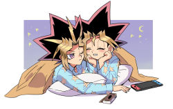 Rule 34 | 2boys, black hair, blonde hair, blush, bright pupils, card, closed eyes, closed mouth, commentary, dyed bangs, grin, head rest, long sleeves, lying, male focus, multicolored hair, multiple boys, muto yugi, nintendo switch, on stomach, one eye closed, pajamas, pillow, purple eyes, shi (shooo ttt), smile, spiked hair, symbol-only commentary, teeth, under covers, white pupils, yami yugi, yu-gi-oh!, yu-gi-oh! duel monsters