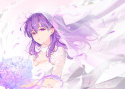 Rule 34 | 1girl, bouquet, breasts, bridal veil, bride, choker, cleavage, collar, collarbone, colored skin, dress, fate (series), flower, highres, holding, holding bouquet, jewelry, lace dress, large breasts, long hair, marumai, matou sakura, neck ring, open mouth, pink ribbon, purple eyes, purple hair, ribbon, solo, veil, wedding dress, white choker, white collar, white skin