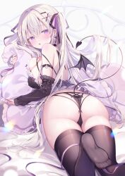 Rule 34 | 1girl, :o, absurdres, ame usari, ass, bare shoulders, bed, black panties, black sleeves, black wings, blush, bow, bow panties, breasts, brown thighhighs, cleavage, commentary request, demon girl, demon tail, demon wings, detached sleeves, ear piercing, earrings, fang, frilled pillow, frills, from behind, grey background, grey hair, hair between eyes, hair ornament, hairclip, highres, hugging object, jewelry, large breasts, leg up, long hair, long sleeves, looking at viewer, looking back, mini wings, no shoes, on bed, original, panties, parted lips, piercing, pillow, pillow hug, purple eyes, simple background, solo, tail, thighhighs, two side up, underwear, very long hair, wings, x hair ornament