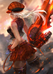 Rule 34 | 1girl, alisa ilinichina amiella, bare shoulders, black footwear, blue eyes, boots, bracer, cabbie hat, cglas, commentary, english commentary, from behind, god eater, hat, huge weapon, long hair, midriff, miniskirt, pantyhose, plaid, plaid skirt, silver hair, skirt, solo, suspender skirt, suspenders, sword, thigh boots, thighhighs, weapon