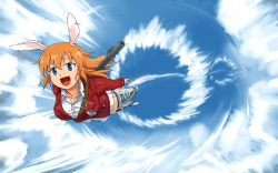 Rule 34 | 1girl, animal ears, blue eyes, charlotte e. yeager, cloud, contrail, day, gun, long hair, open mouth, orange hair, rabbit ears, rabbit girl, shibasaki shouji, shockwave, sky, smile, solo, sonic boom (sound), strike witches, striker unit, uniform, weapon, world witches series